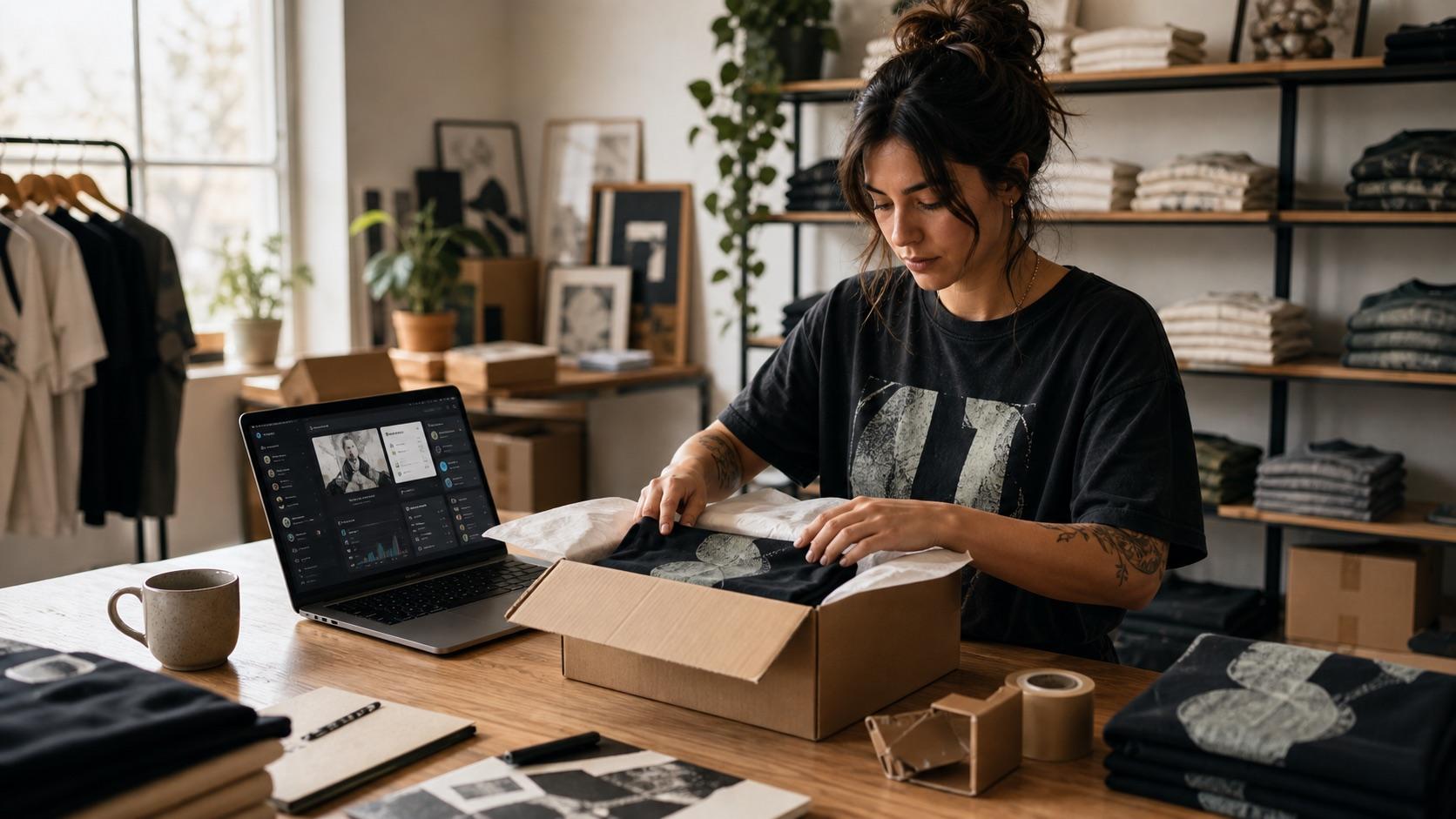 Creator merch seller preparing Fanful shop orders and fan follow-up
