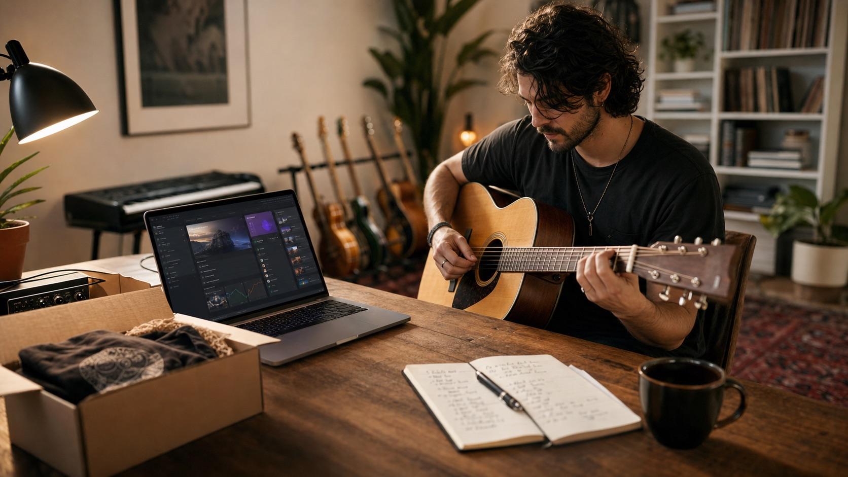 Independent musician preparing a Fanful artist home for recordings, merch, and lessons