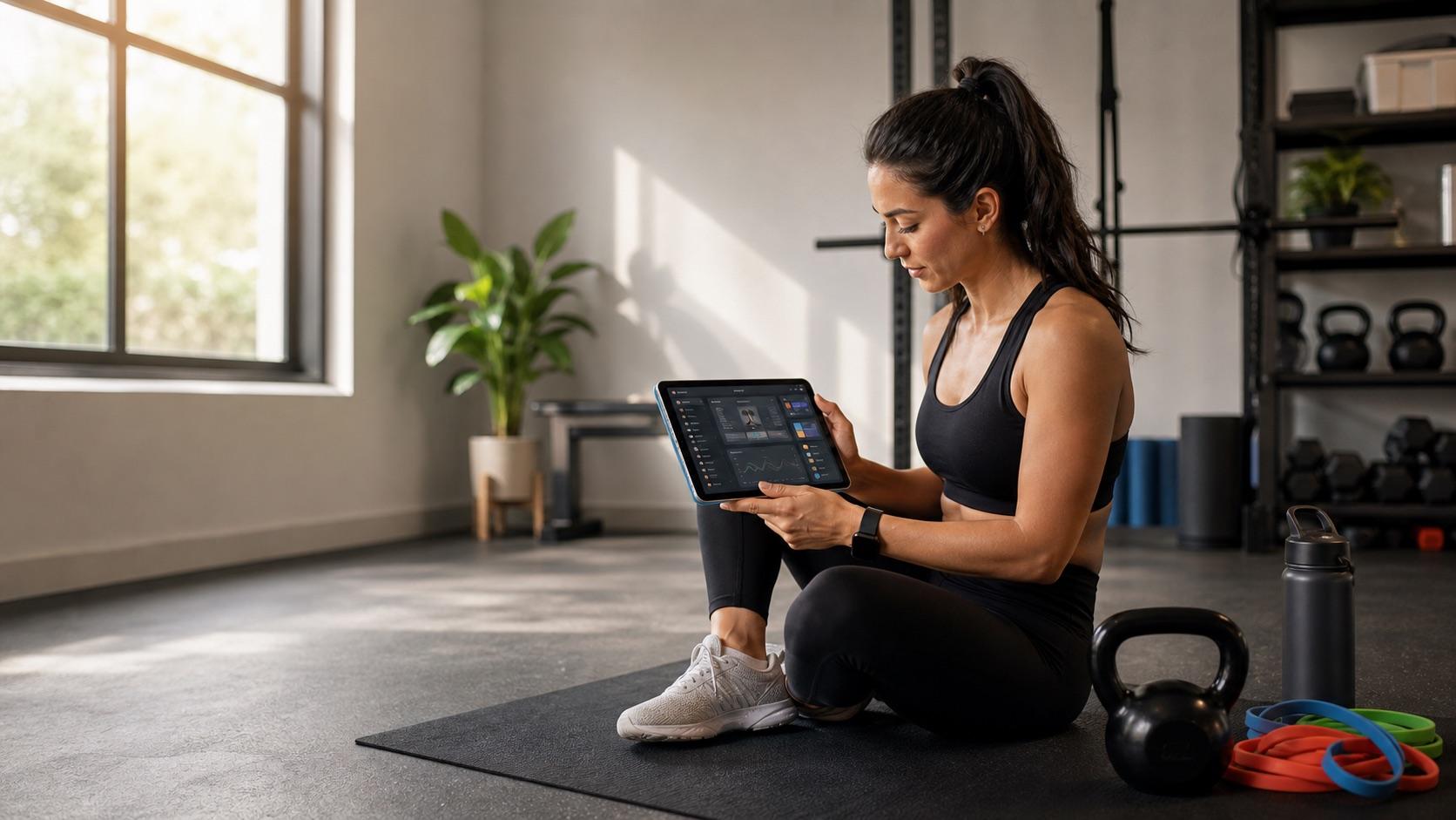 Personal trainer reviewing a Fanful class-pack and membership offer in a training studio