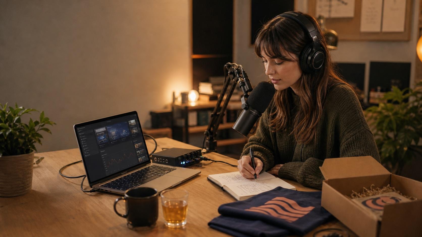 Independent podcaster preparing a Fanful show home with audio gear and listener offers