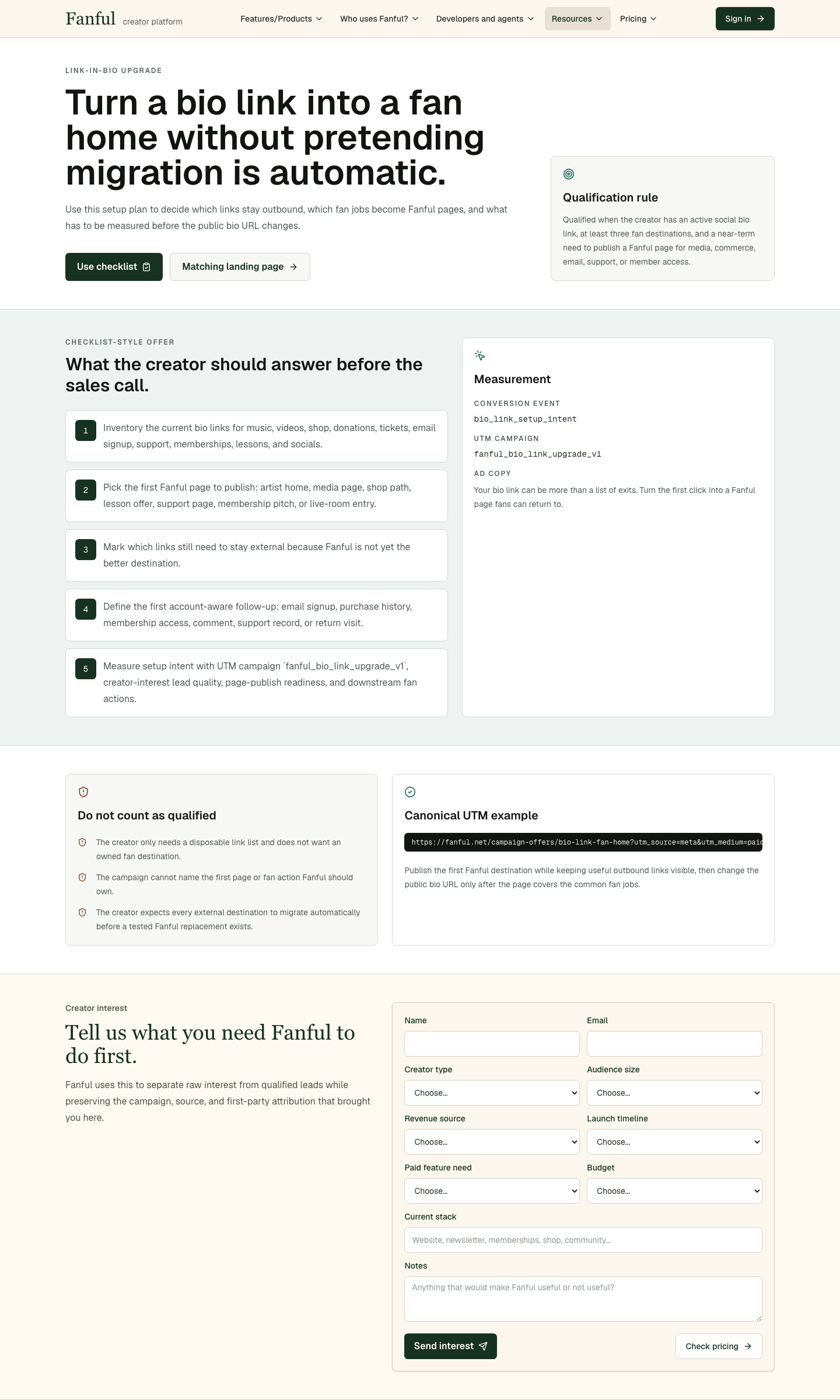 Fanful bio link upgrade campaign offer