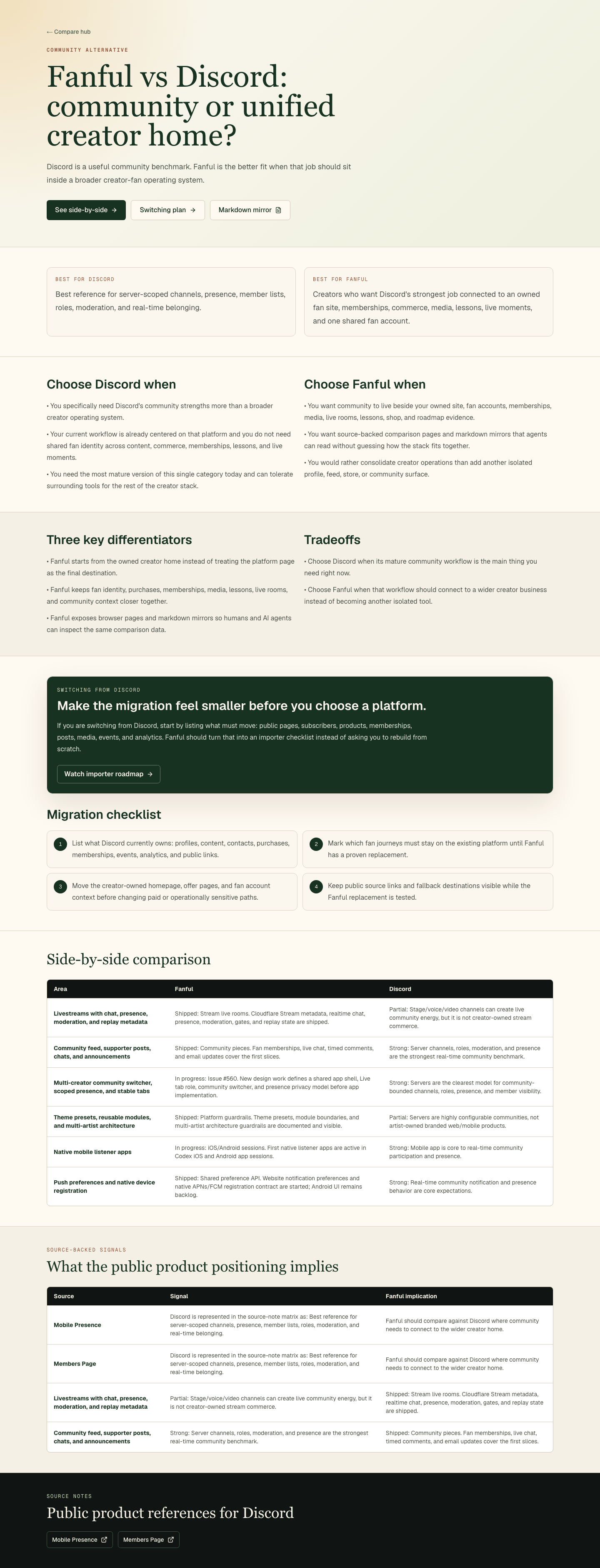 Fanful comparison page for community and membership migration