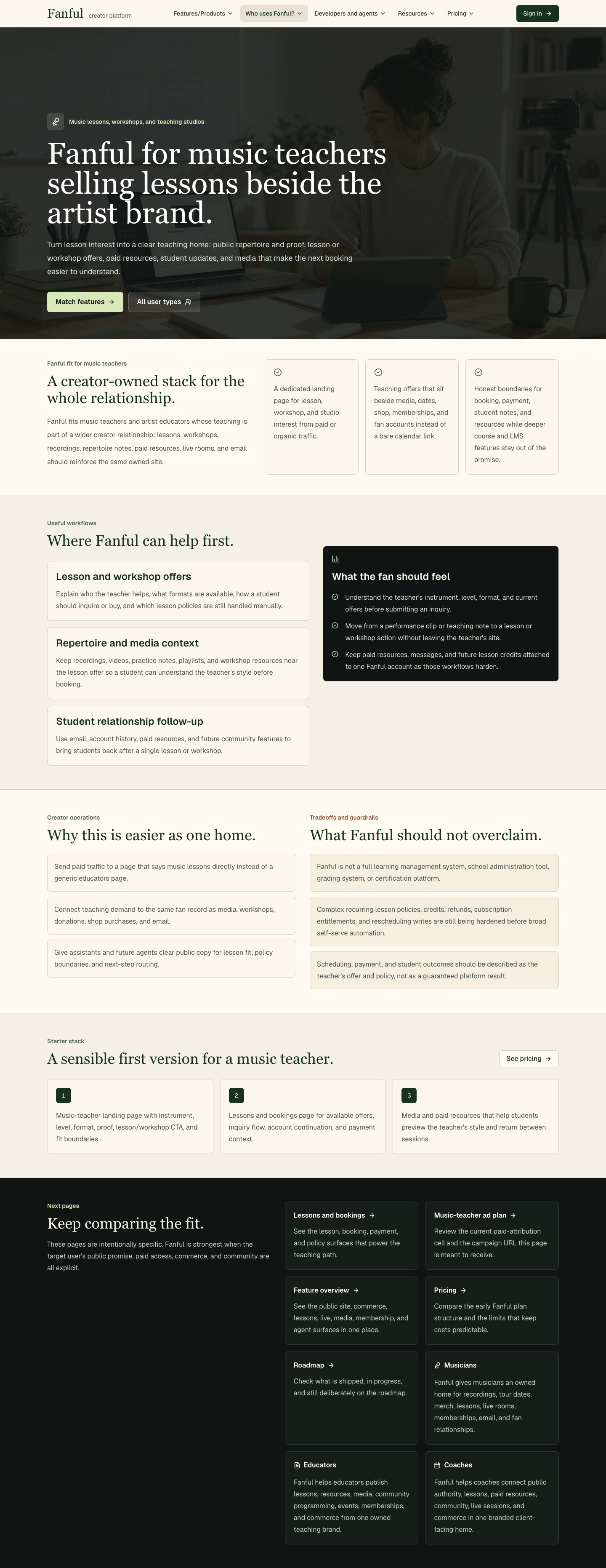 Fanful music teacher landing page evidence