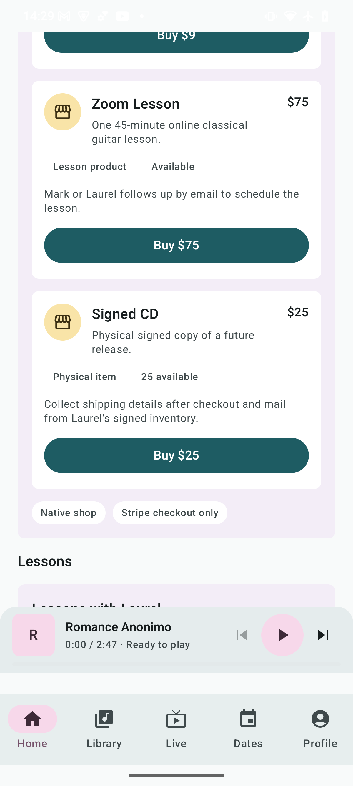 Fanful shop surface for selling creator products